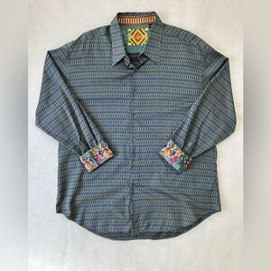 Robert Graham Button Up Flip Cuff Embroidery Green Purple Shirt 3XL